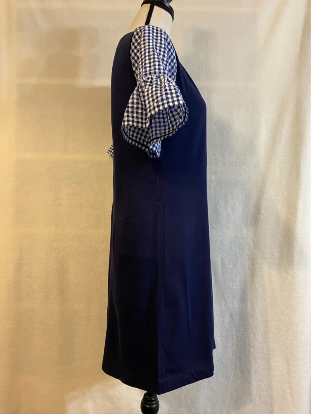 J. Crew navy blue & white gingham check bell sleeve dress